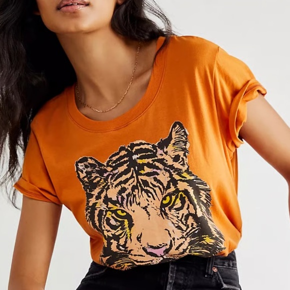 Free People Orange Tiger Graphic T-Shirt Bodysuit - Picture 1 of 5